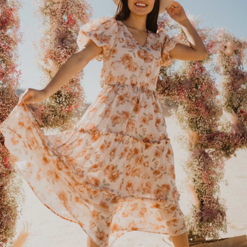 Bohemian Dusty Orange Floral Midi Dress Sz S by Blu Pepper